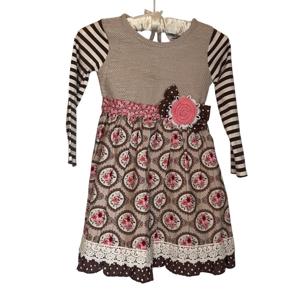 Counting Daisies Girls Whimsical Dress Brown Flowers Lace Long Sleeves Sz 6 Pink